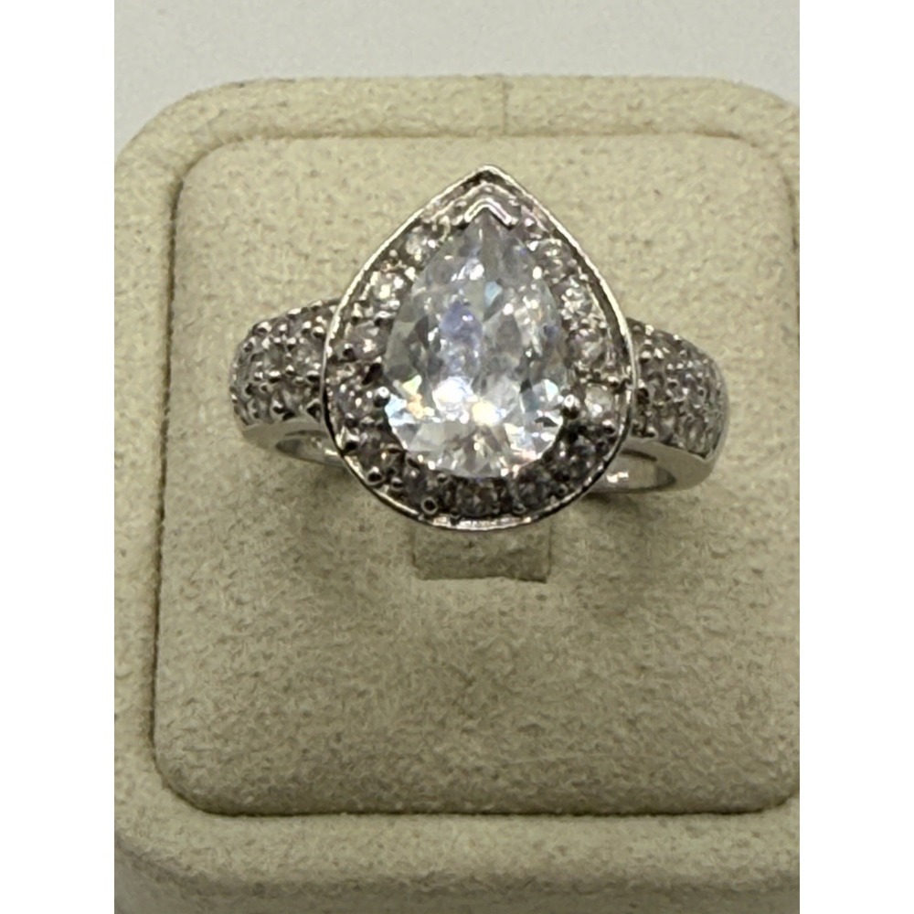 Sterling Silver CZ Ring Pear Cut Halo Cocktail Stamped RSE 925 Size 9